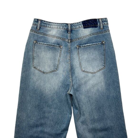 Risen Jeans Women's Cross‎ Over Distressed High Waist Straight Leg Jeans - Picture 6 of 10